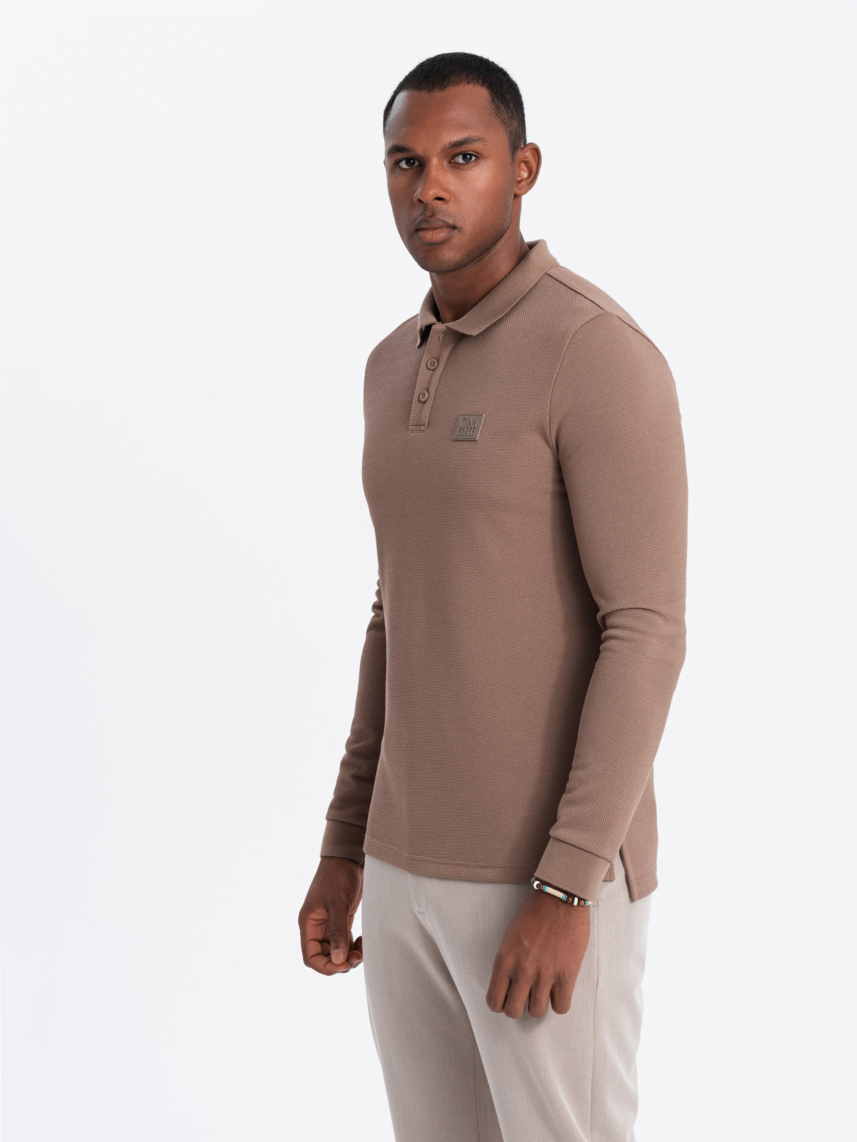 Ombre Men's structured polo longsleeve with patch - brown