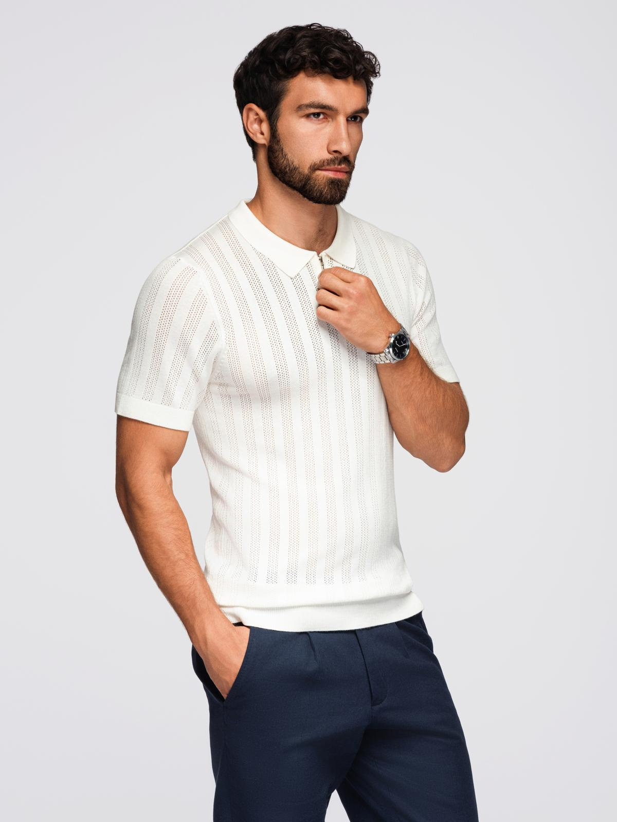 Ombre Men's openwork polo shirt with zipper at neckline - white