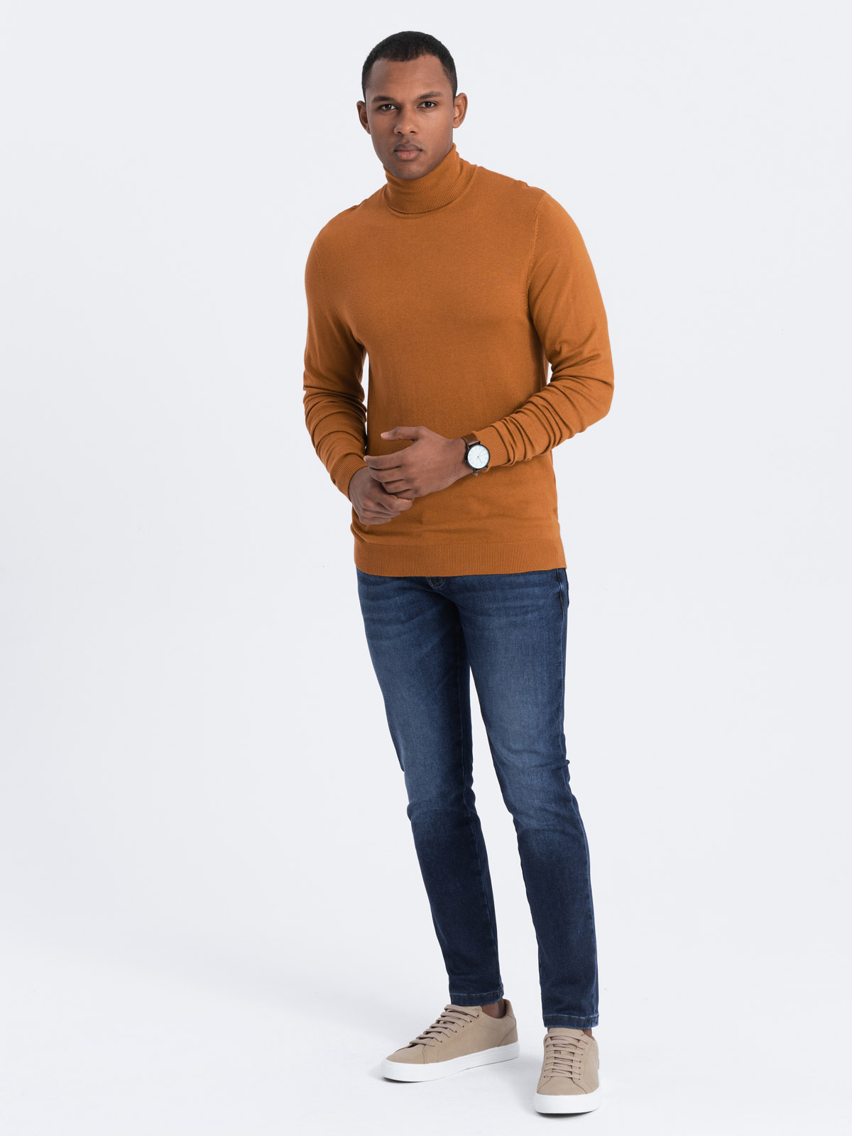 Ombre Men's Knitted Single-color Turtleneck With Viscose - Camel