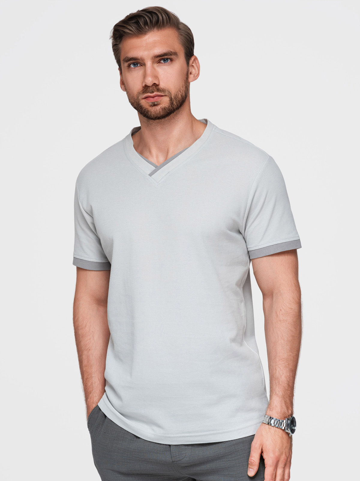 Ombre Men's T-shirt with contrasting inserts and crew neckline - light grey