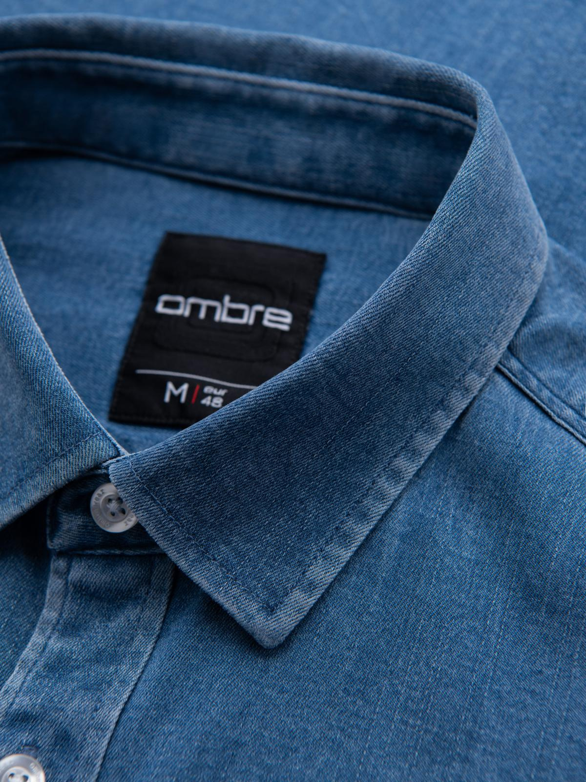 Ombre Men&#039;s denim shirt with lyocell and embroidery on the chest - blue