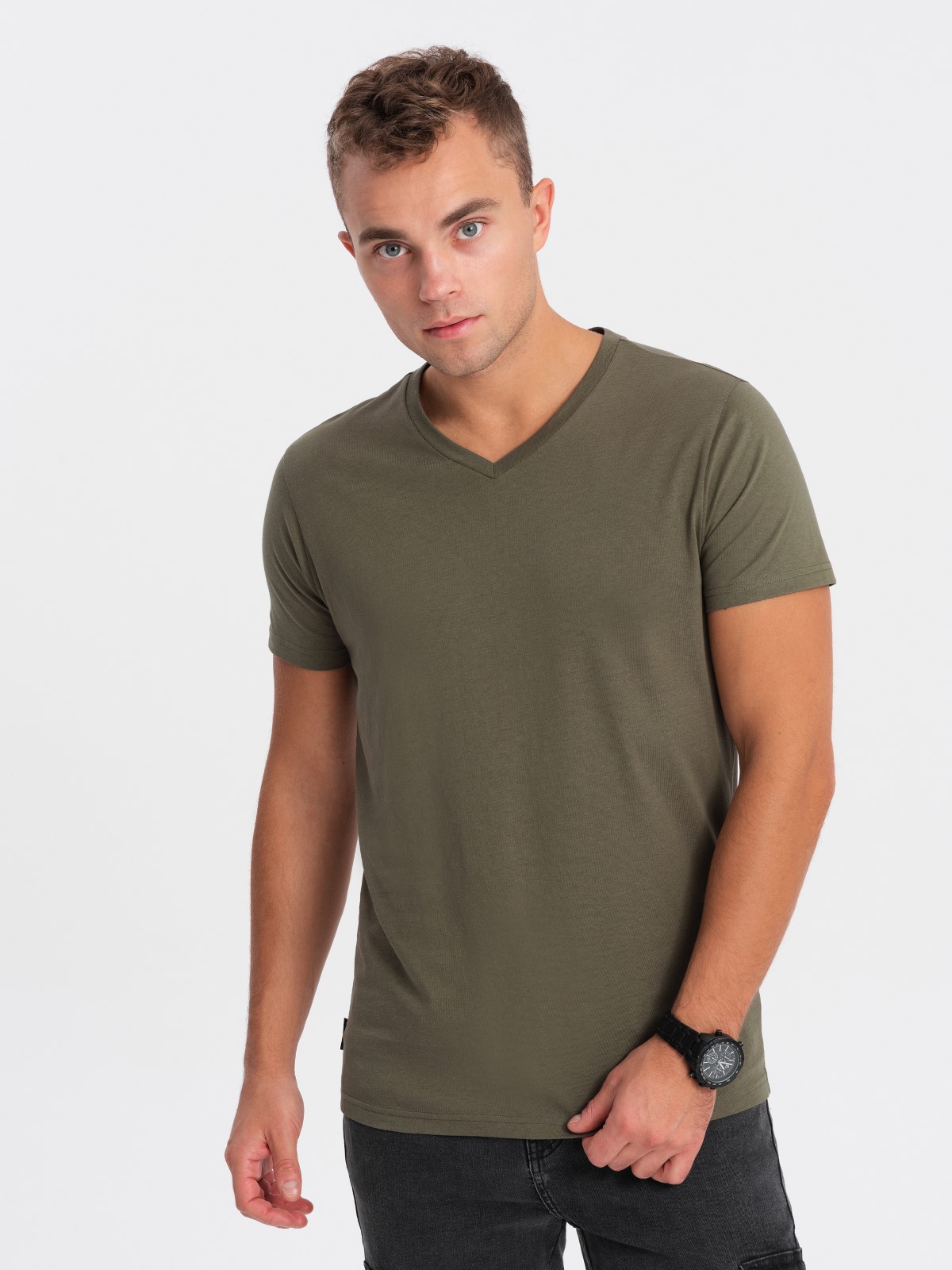 Levně Ombre BASIC men's classic cotton T-shirt with a crew neckline - dark olive