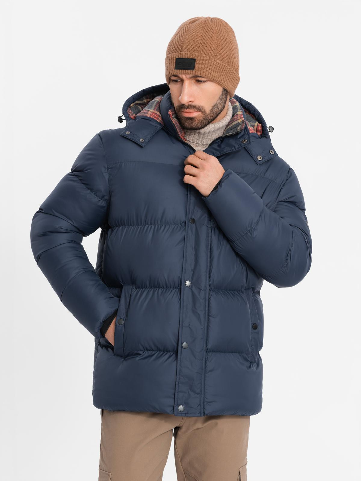 Ombre Men's puffer jacket with check lining - navy blue
