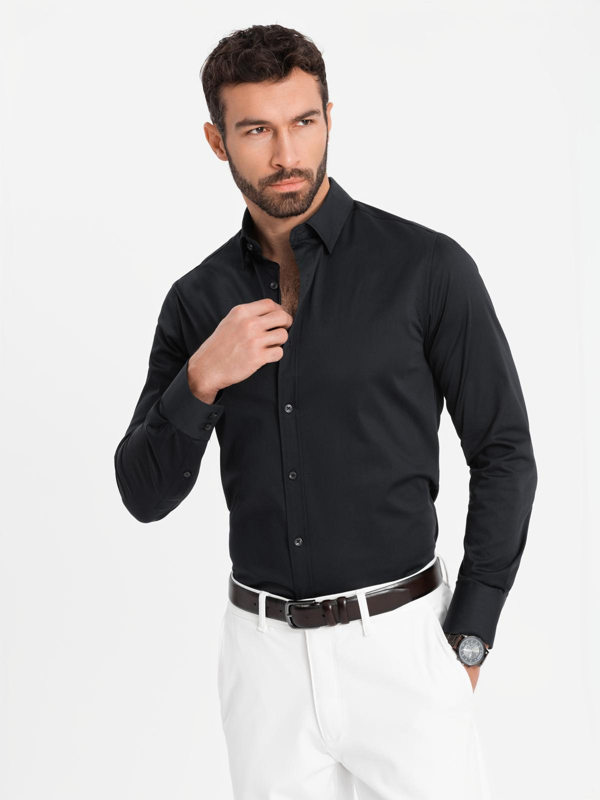Ombre Classic men&#039;s SLIM FIT shirt in satin fabric - black