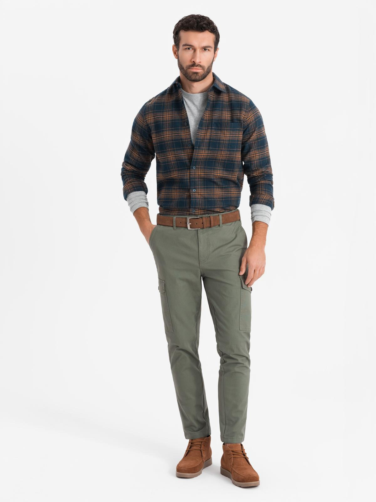 Ombre Men's checkered flannel shirt - navy blue and orange