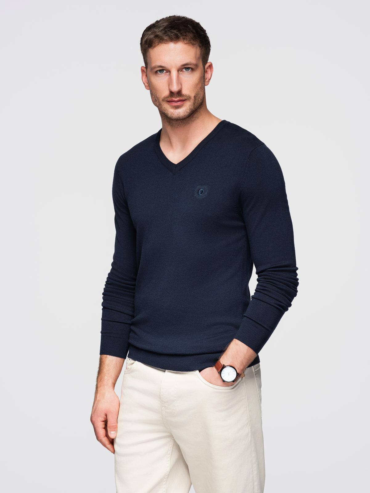 Ombre Men&#039;s elegant BASIC V-neck sweater with viscose - navy blue