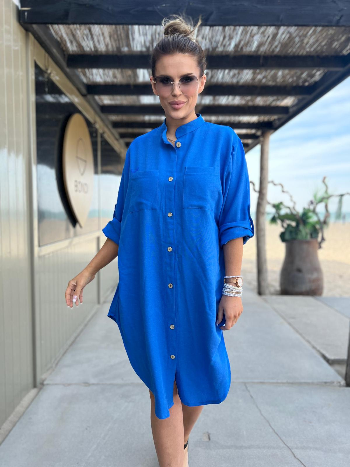 Edoti Linen, shirt dress with stand-up collar