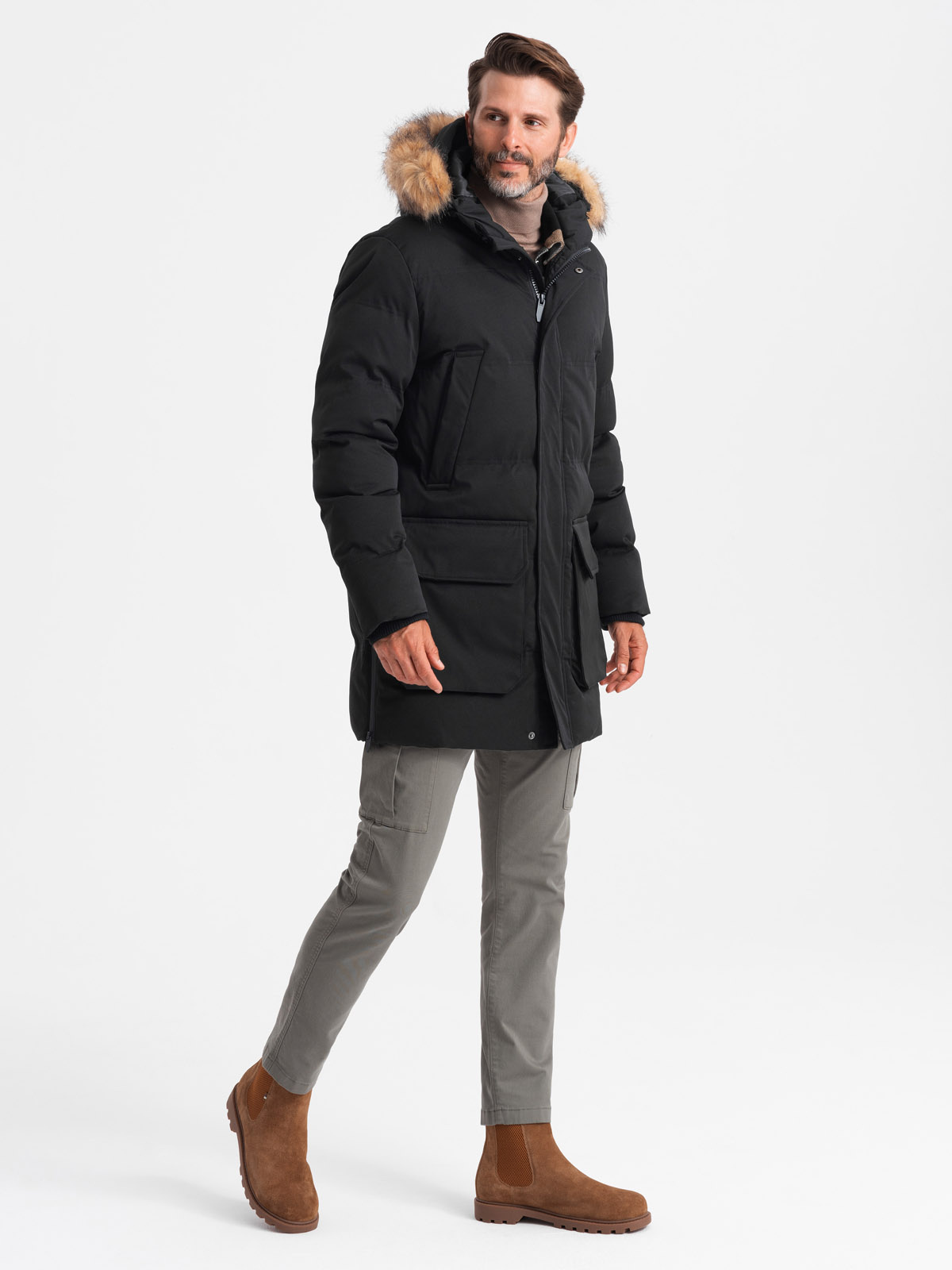 Ombre Men&#039;s insulated long parka jacket with flared bottom - black