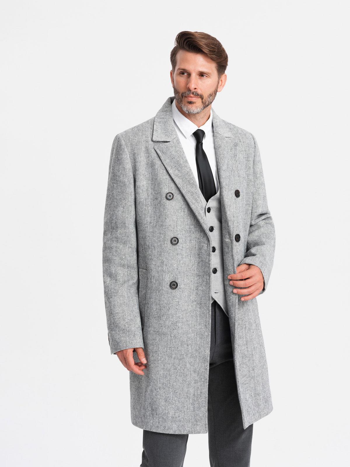 Ombre Elegant double-breasted men&#039;s herringbone coat - grey