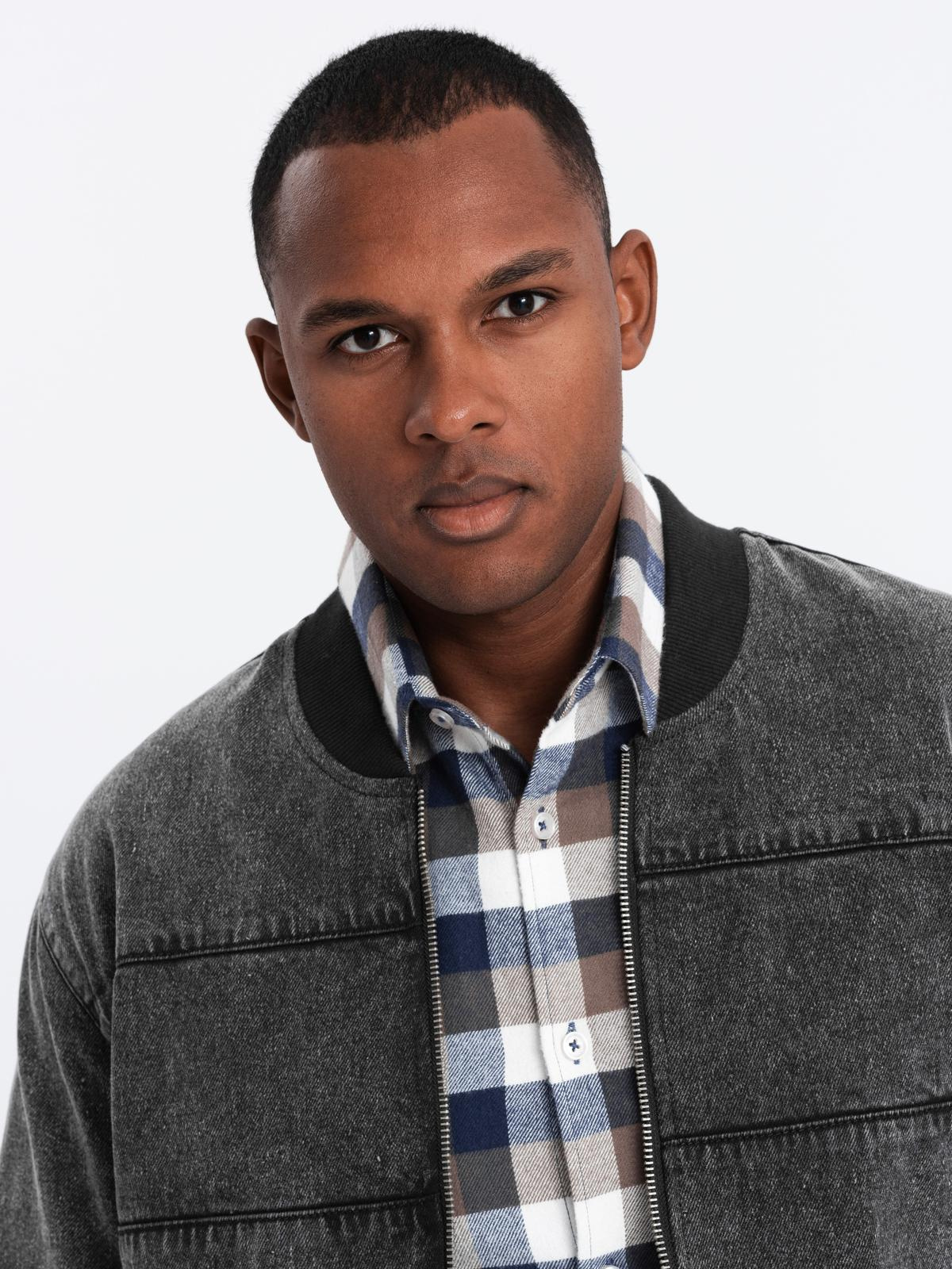 Ombre Men&#039;s denim bomber jacket with stone wash effect - black