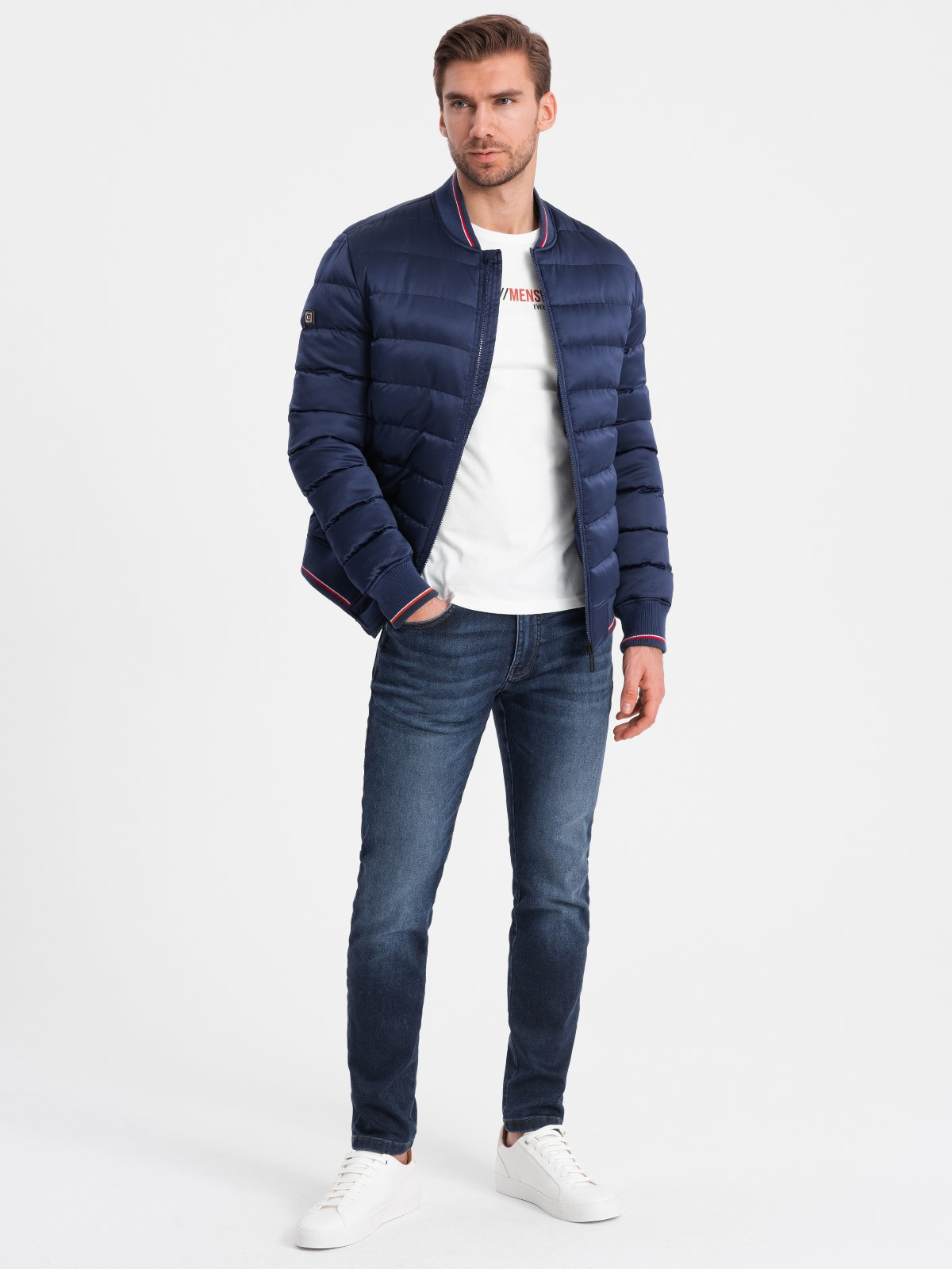 Ombre Men's Satin Finish Bomber Jacket With Contrasting Ribbed Cuffs - Dark Blue