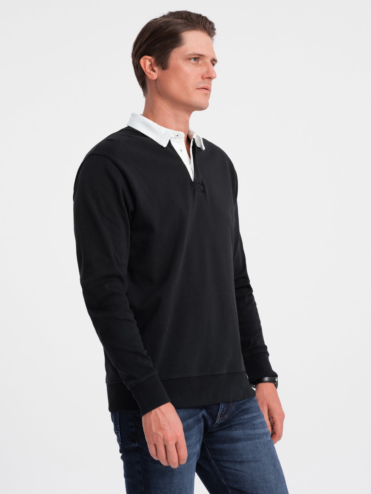 Levně Ombre Men's sweatshirt with white polo collar - black