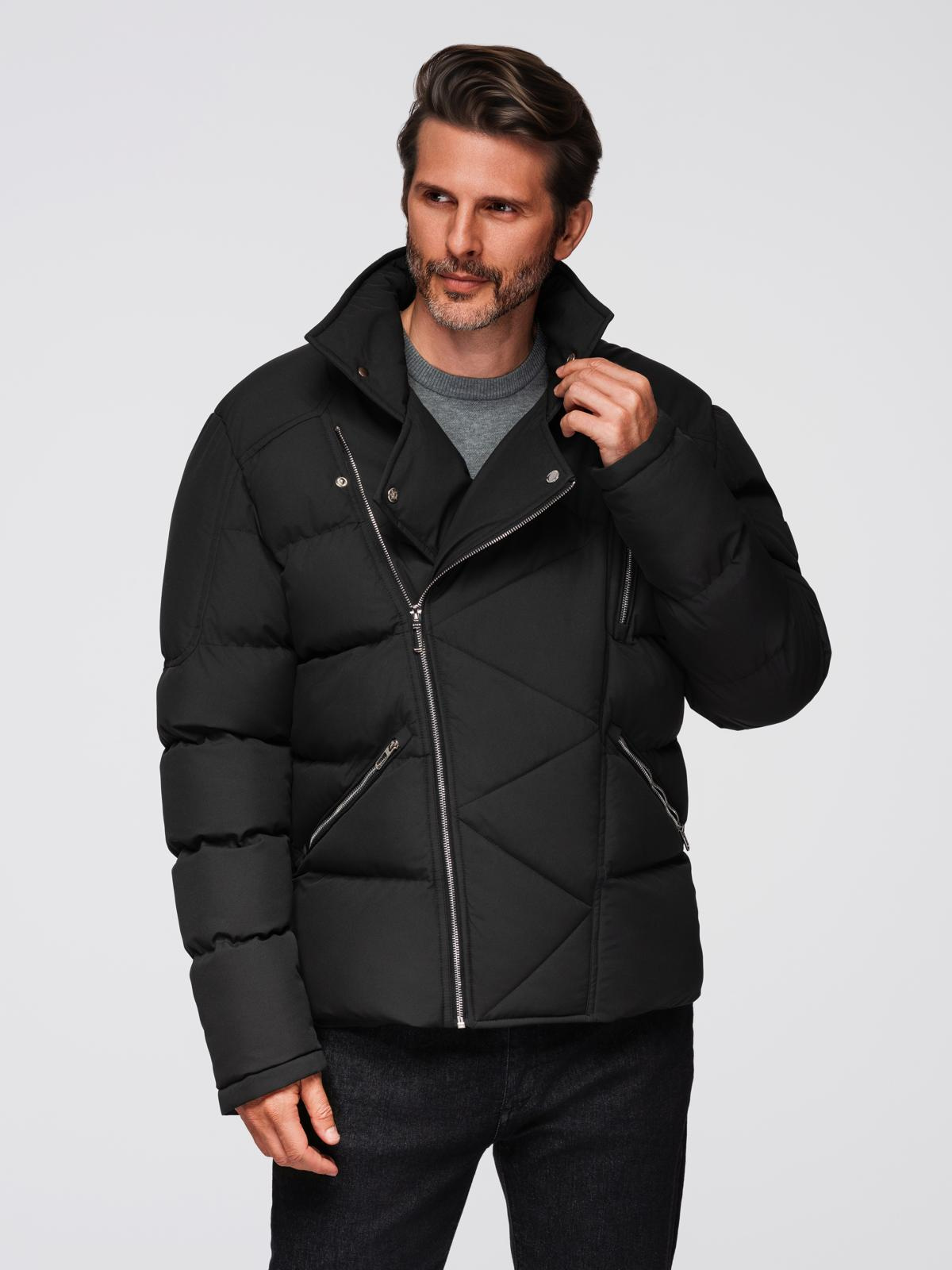 Ombre Men&#039;s quilted jacket with cut of ramoneski with hood - black