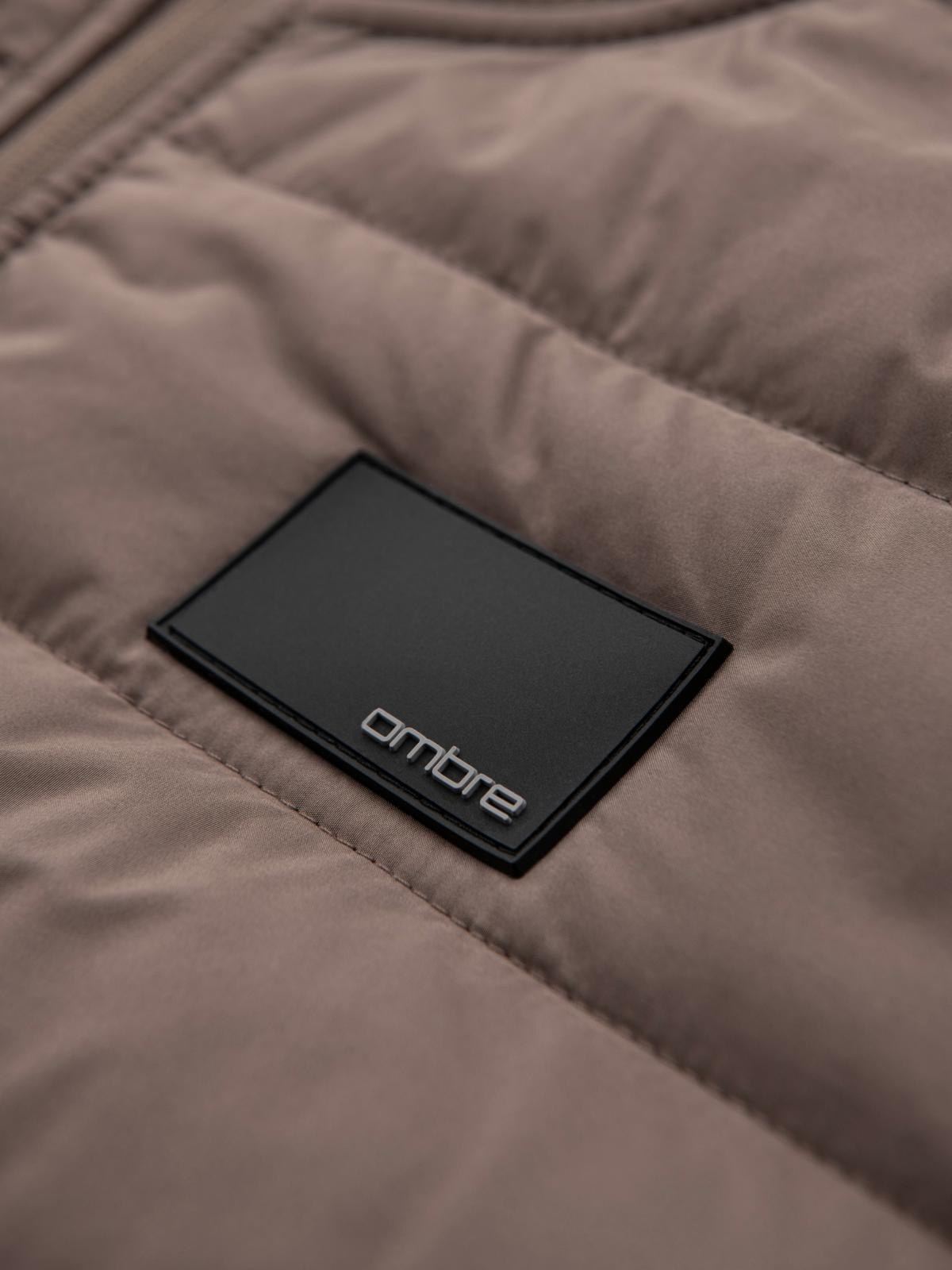 Ombre Men's lightweight jacket of combined materials with hood and decorative quilting - light brown