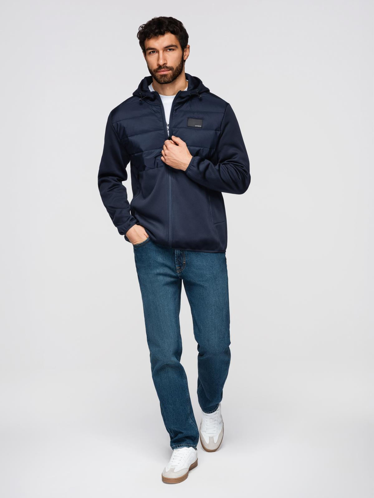 Ombre Men's lightweight jacket of combined materials with hood and decorative quilting - navy blue