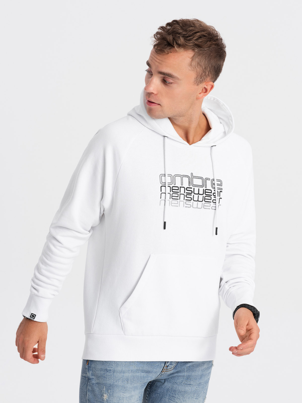 Ombre Men&#039;s unlined hooded sweatshirt with print - white