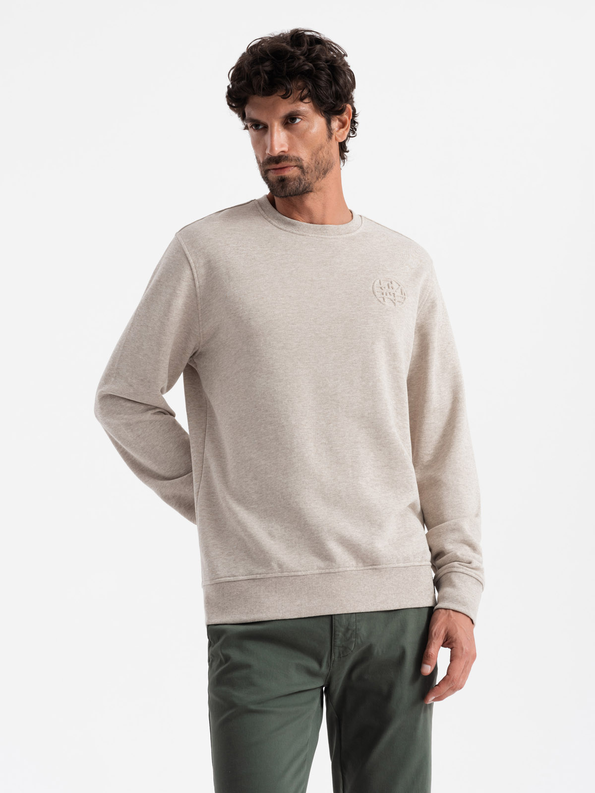 Ombre Men's Mélange Sweatshirt With Embroidered Logo - Beige