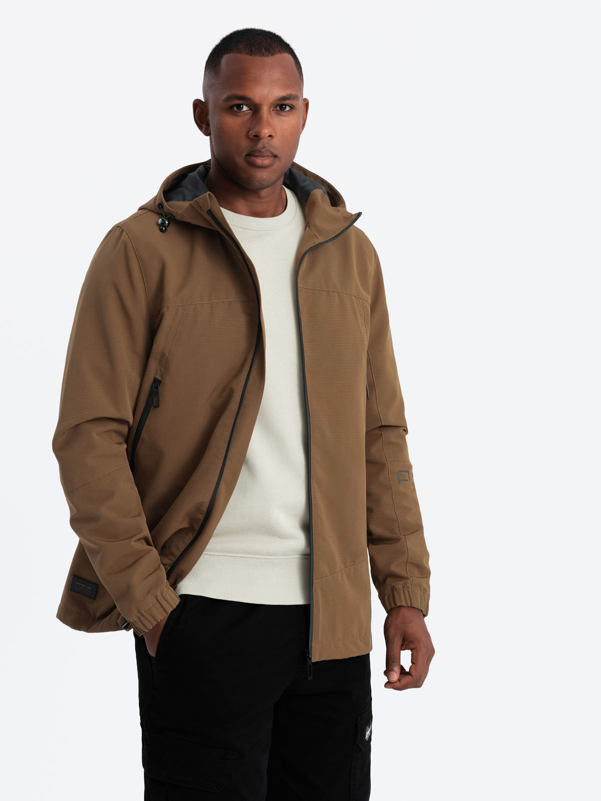 Ombre Men&#039;s lightweight storm jacket with hood - brown