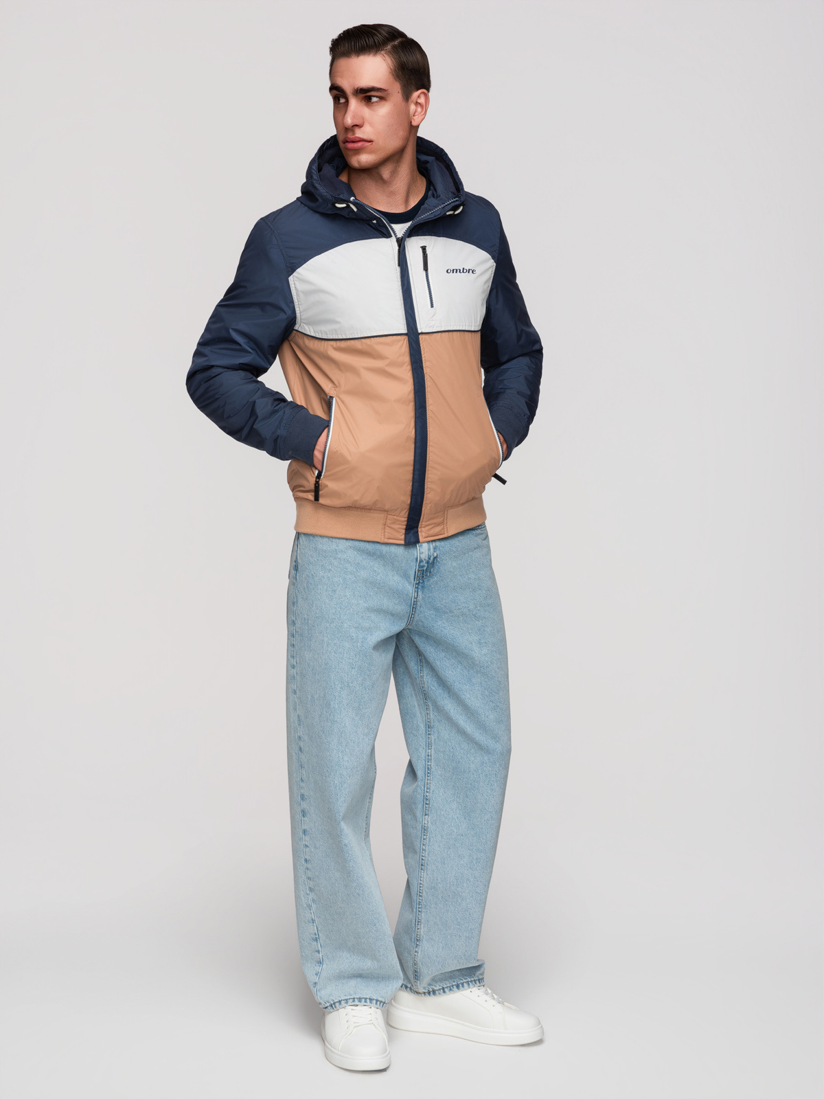 Ombre Lightweight colorful men's sports jacket with fleece - brown and navy blue