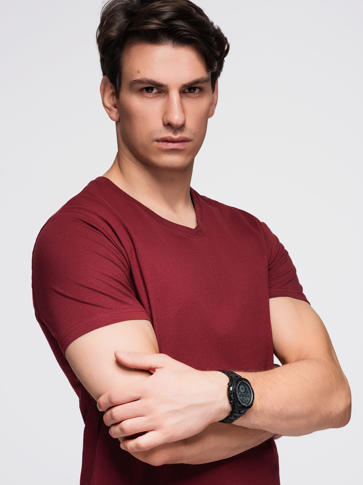 Ombre BASIC pánske tričko V-krk sada - biela/modrá/bordová