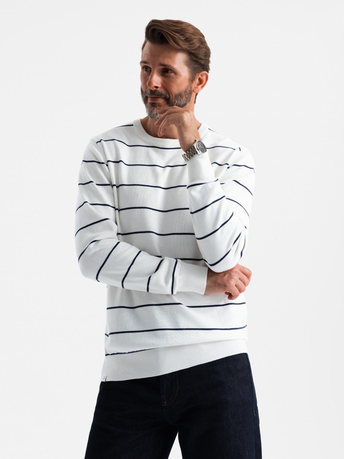 Ombre Men's Casual Sweater With Horizontal Stripes - Cream