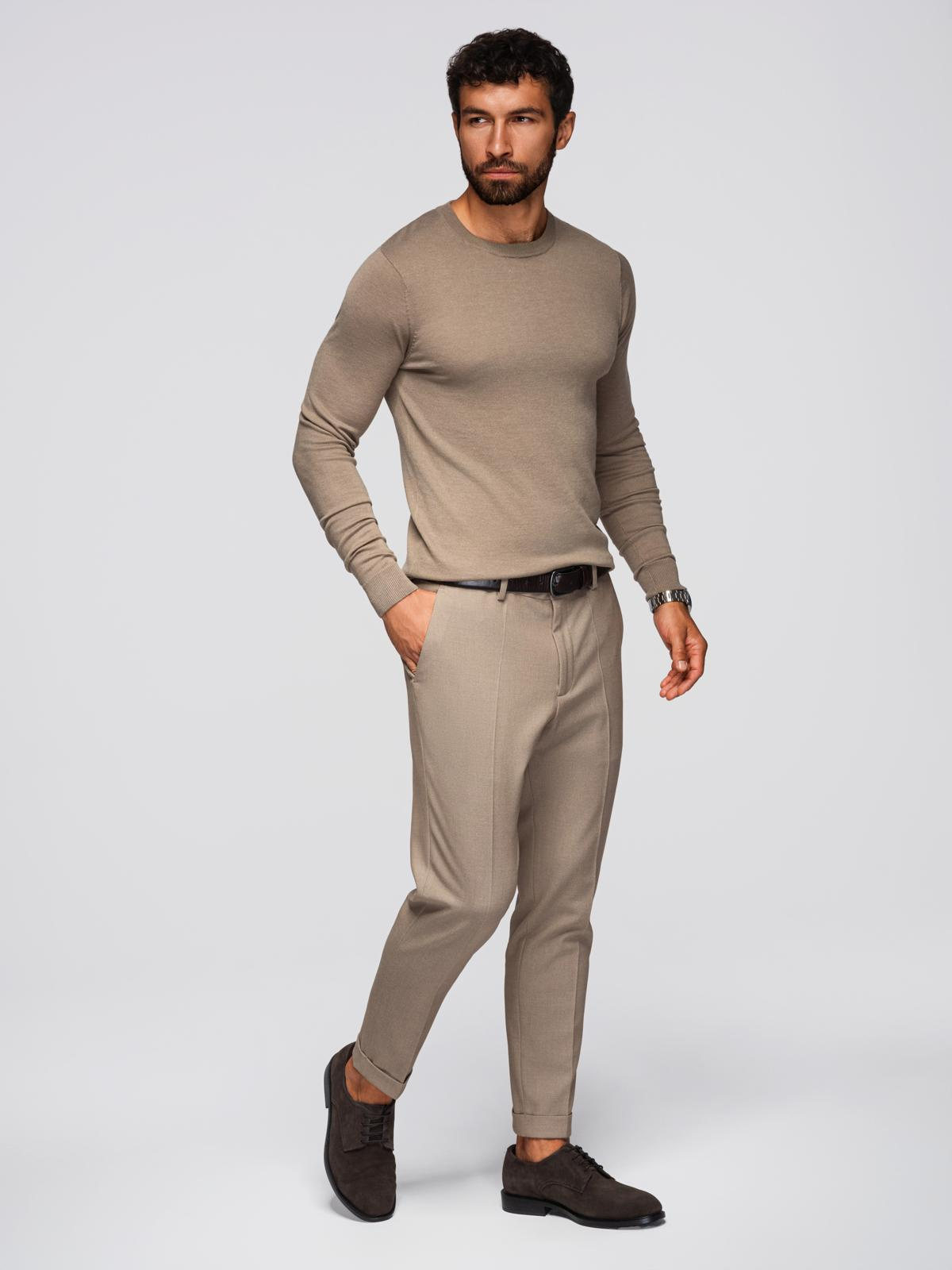 Ombre BASIC men&#039;s classic viscose sweater with round neckline - dark beige
