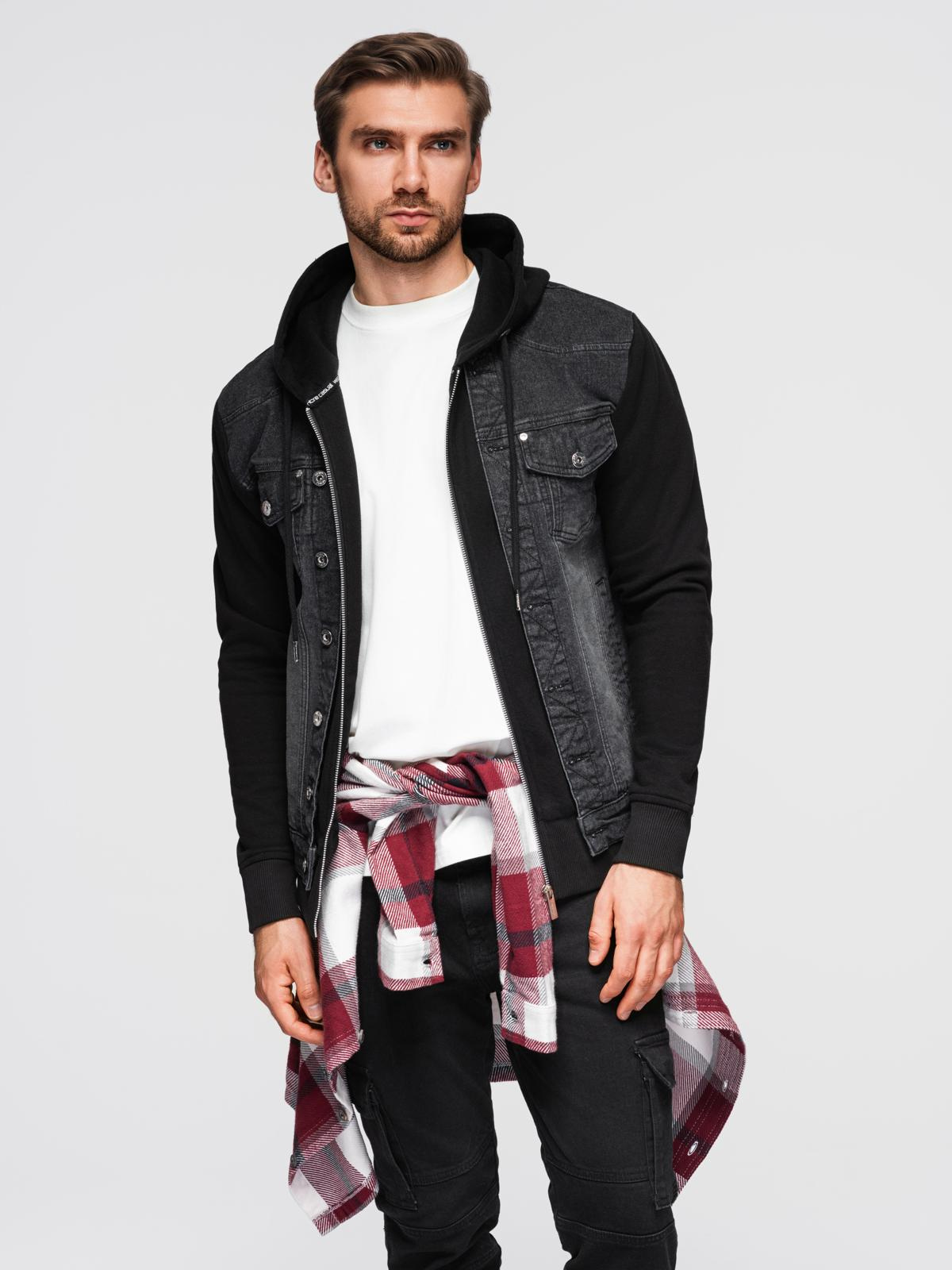Ombre Men&#039;s denim jacket with knitted sleeves and hood - black