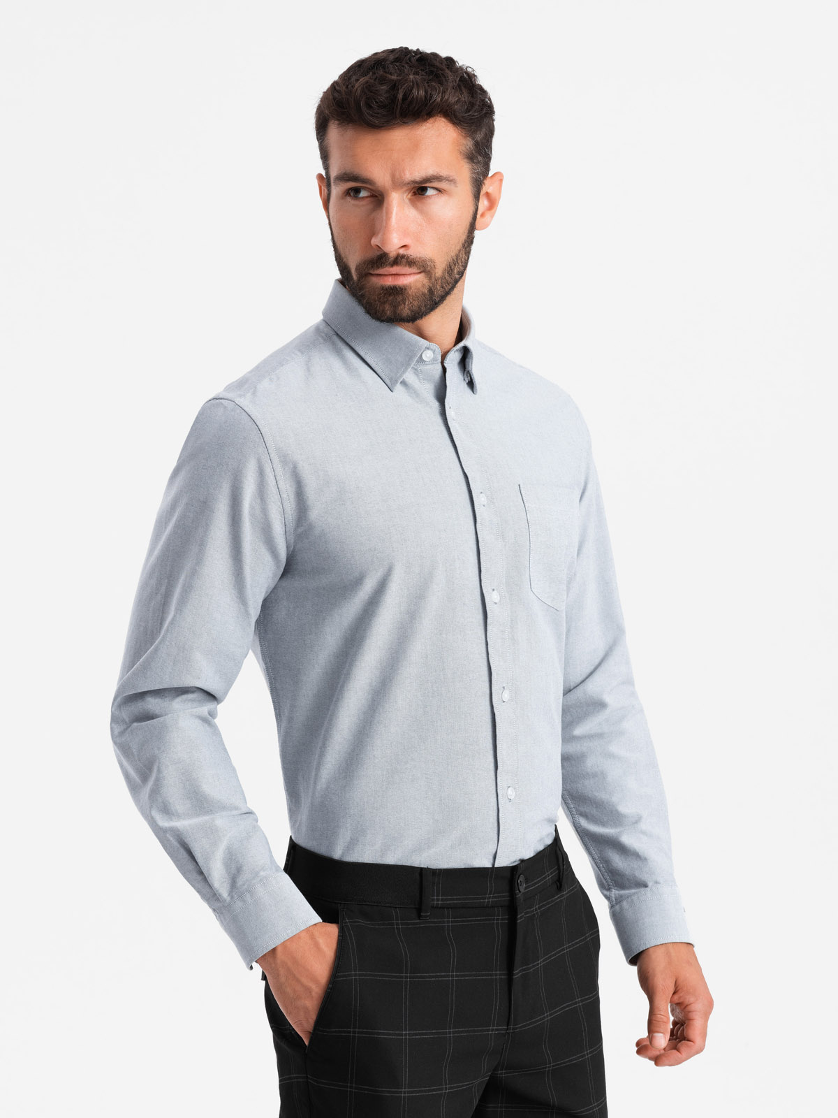 Ombre Elegant men&#039;s oxford shirt with embroidery and pocket - light grey