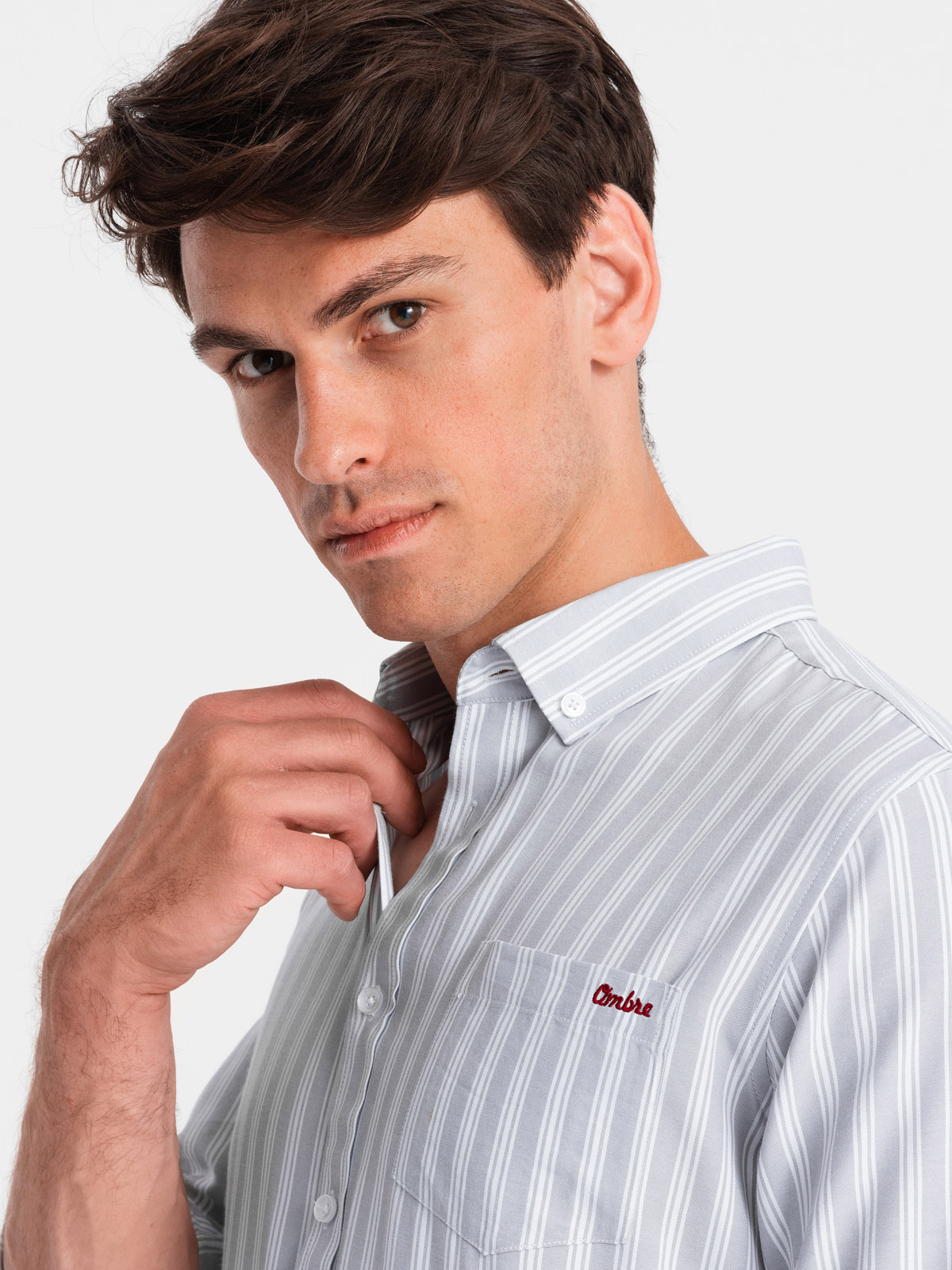 Ombre Men&#039;s REGULAR FIT shirt in white stripes with pocket - grey