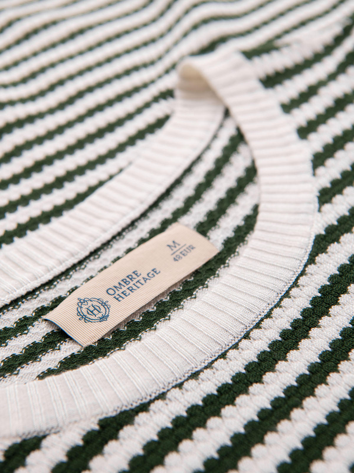 Ombre Men&#039;s knitted t-shirt with navy stripes and openwork weave - olive and white