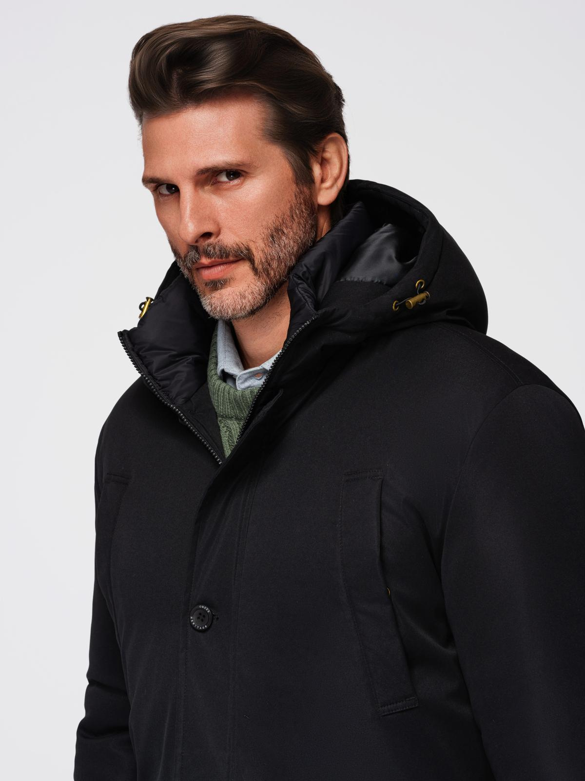 Ombre Elegant men&#039;s parka with cargo pockets and hood - black