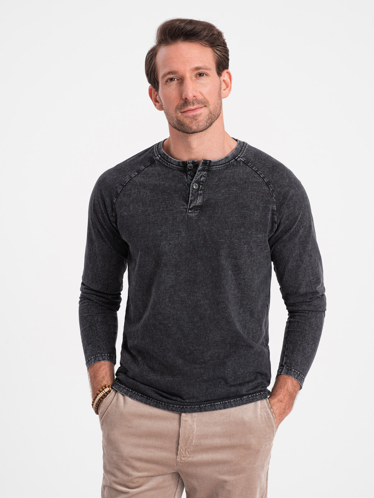 Ombre Men&#039;s wash henley longsleeve with raglan sleeves - black
