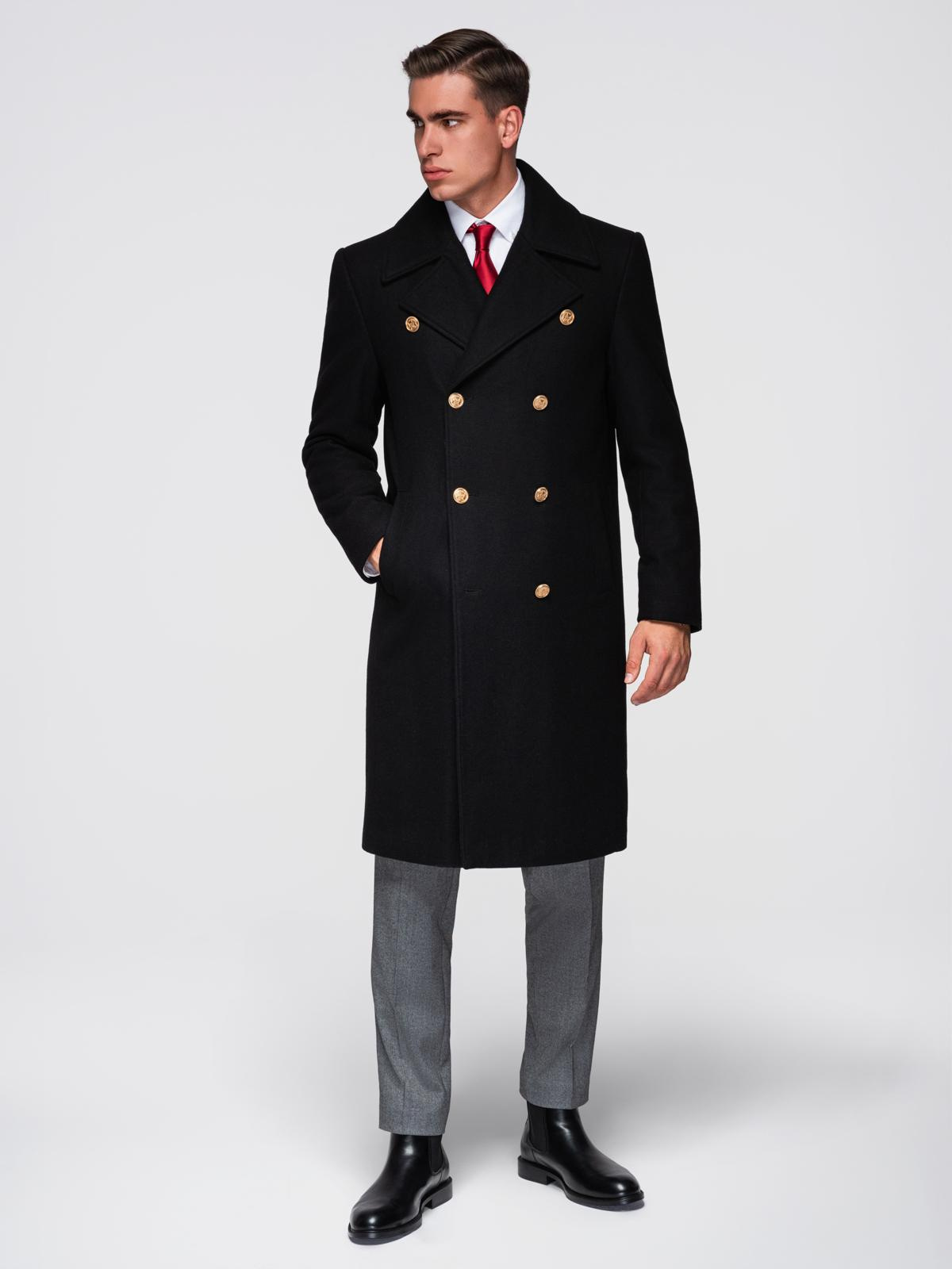 Ombre Elegant military double-breasted coat for men with wool - black