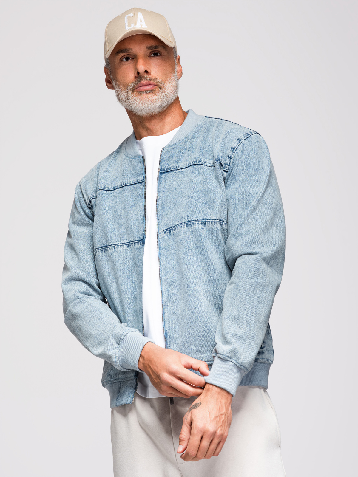 Ombre Men's denim bomber jacket with stone wash effect - light blue