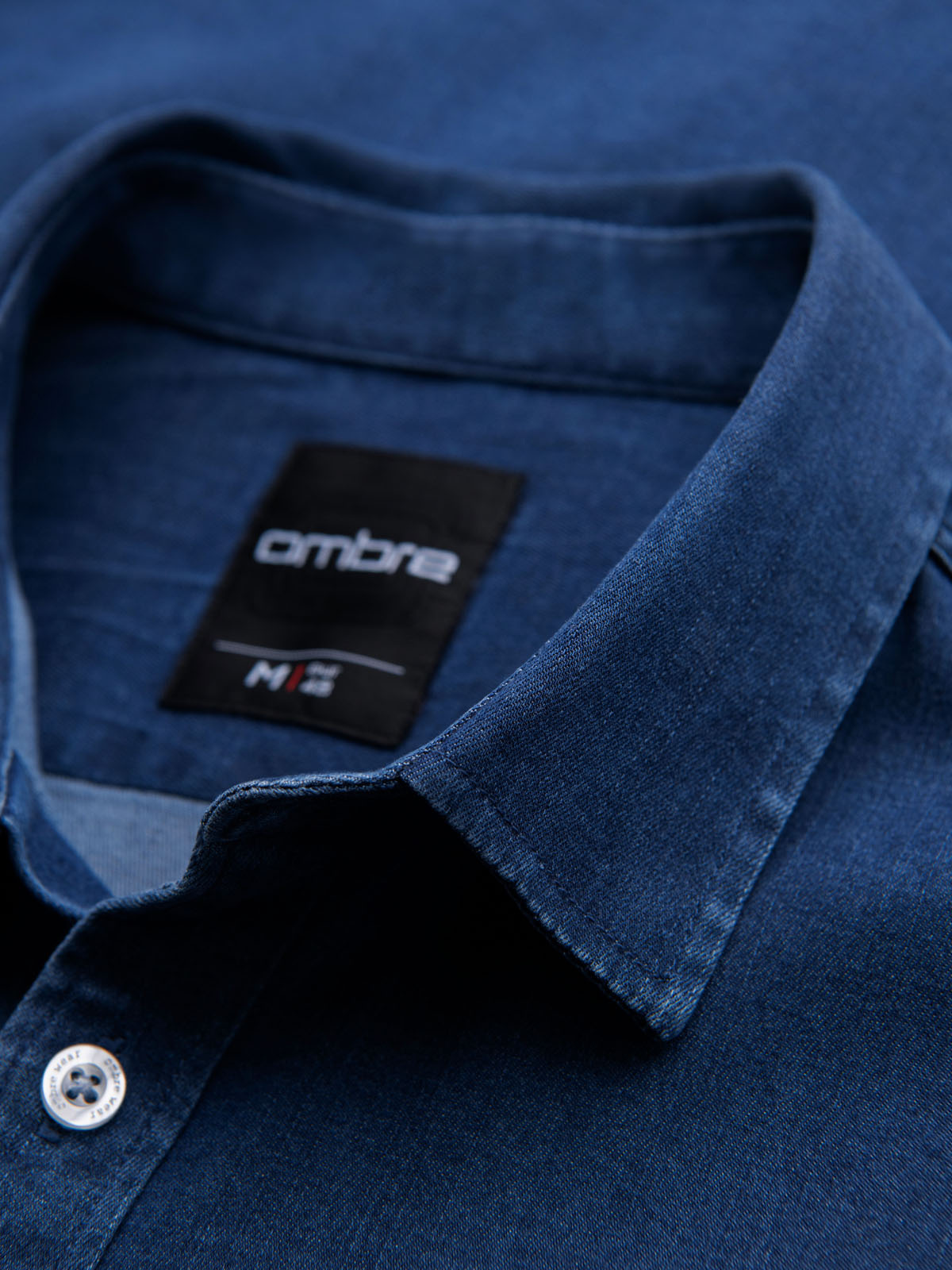 Ombre Men&#039;s denim shirt with lyocell and embroidery on chest - dark blue