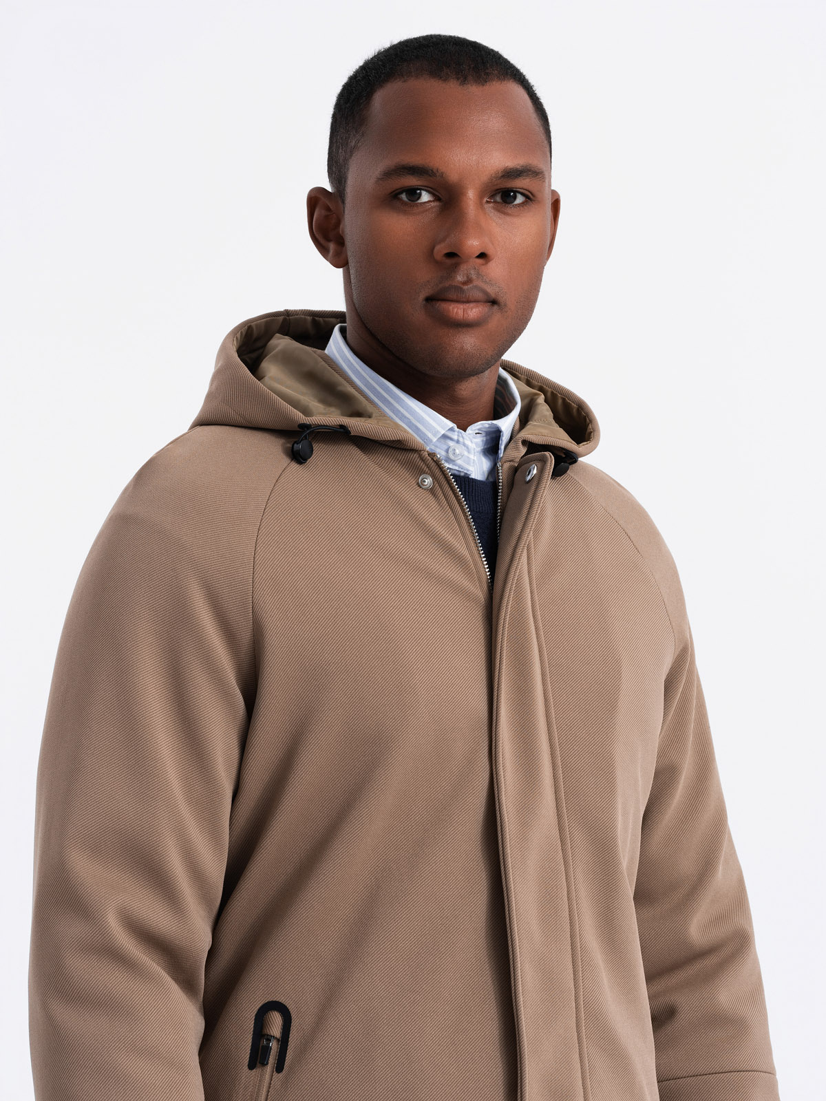 Ombre Men&#039;s hooded coat in fine stripe - coffee