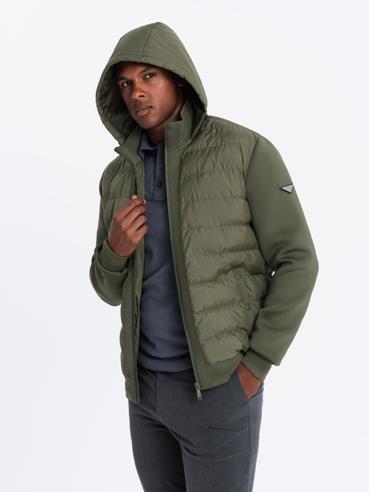 Ombre Men&#039;s quilted bomber jacket with high collar - dark olive green