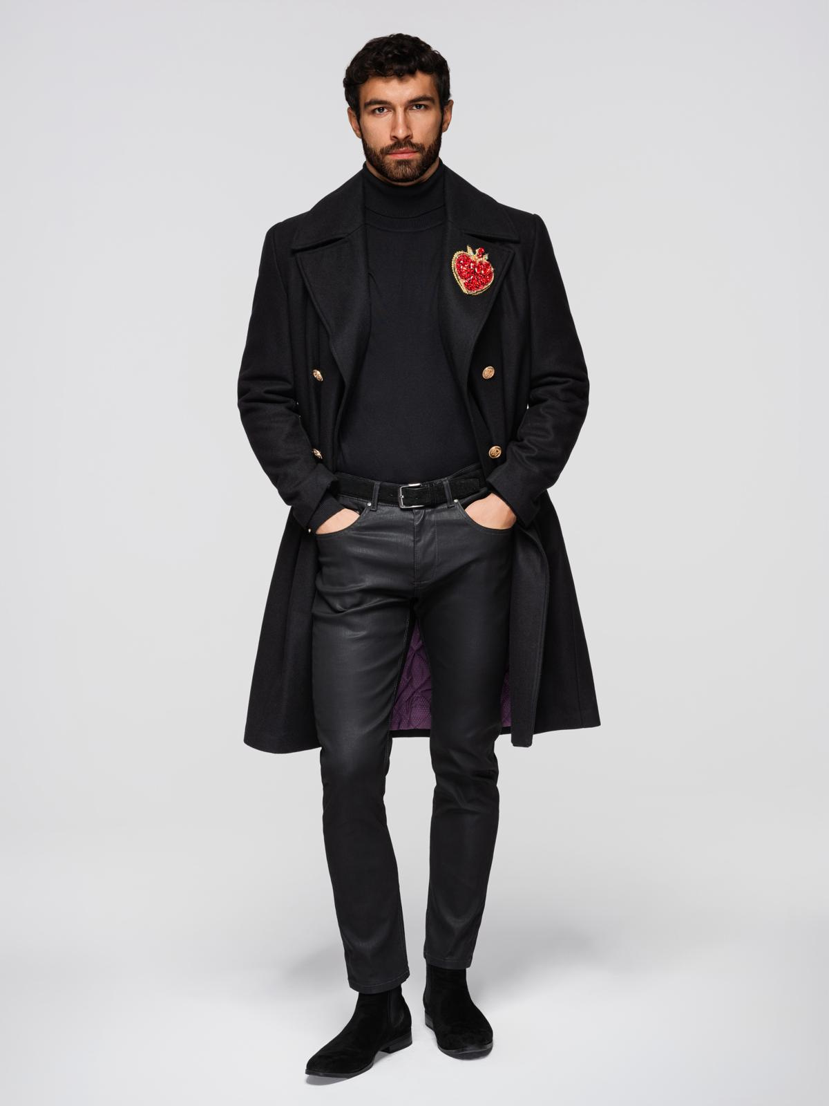 Ombre Men's double-breasted wool coat with decorative appliqués - black