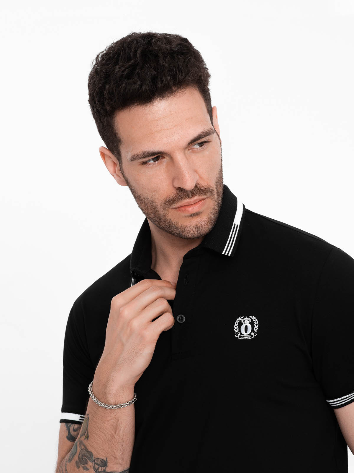 Ombre Men's Elastane Polo Shirt With Contrasting Elements - Black