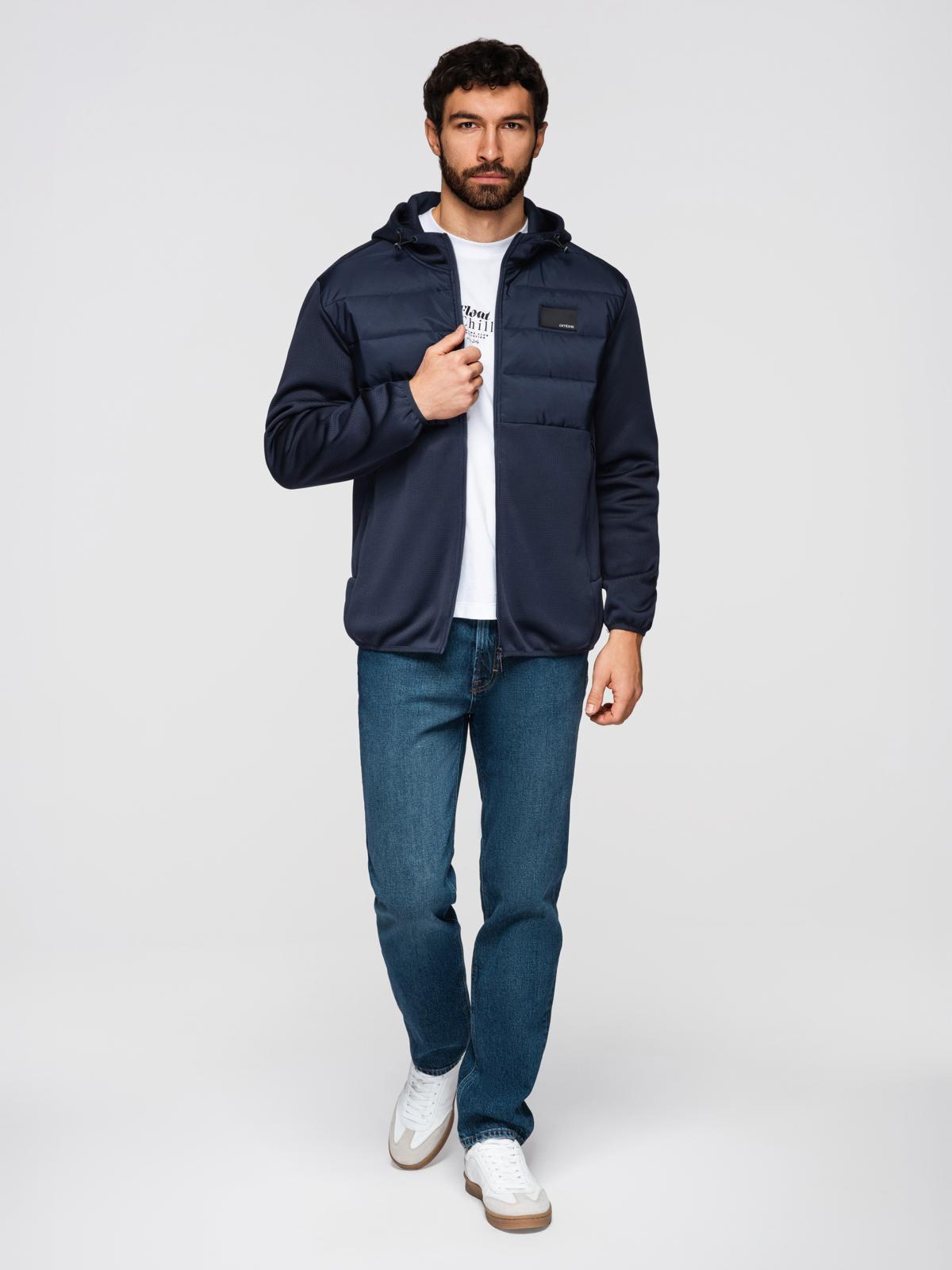Ombre Men's lightweight jacket of combined materials with hood and decorative quilting - navy blue