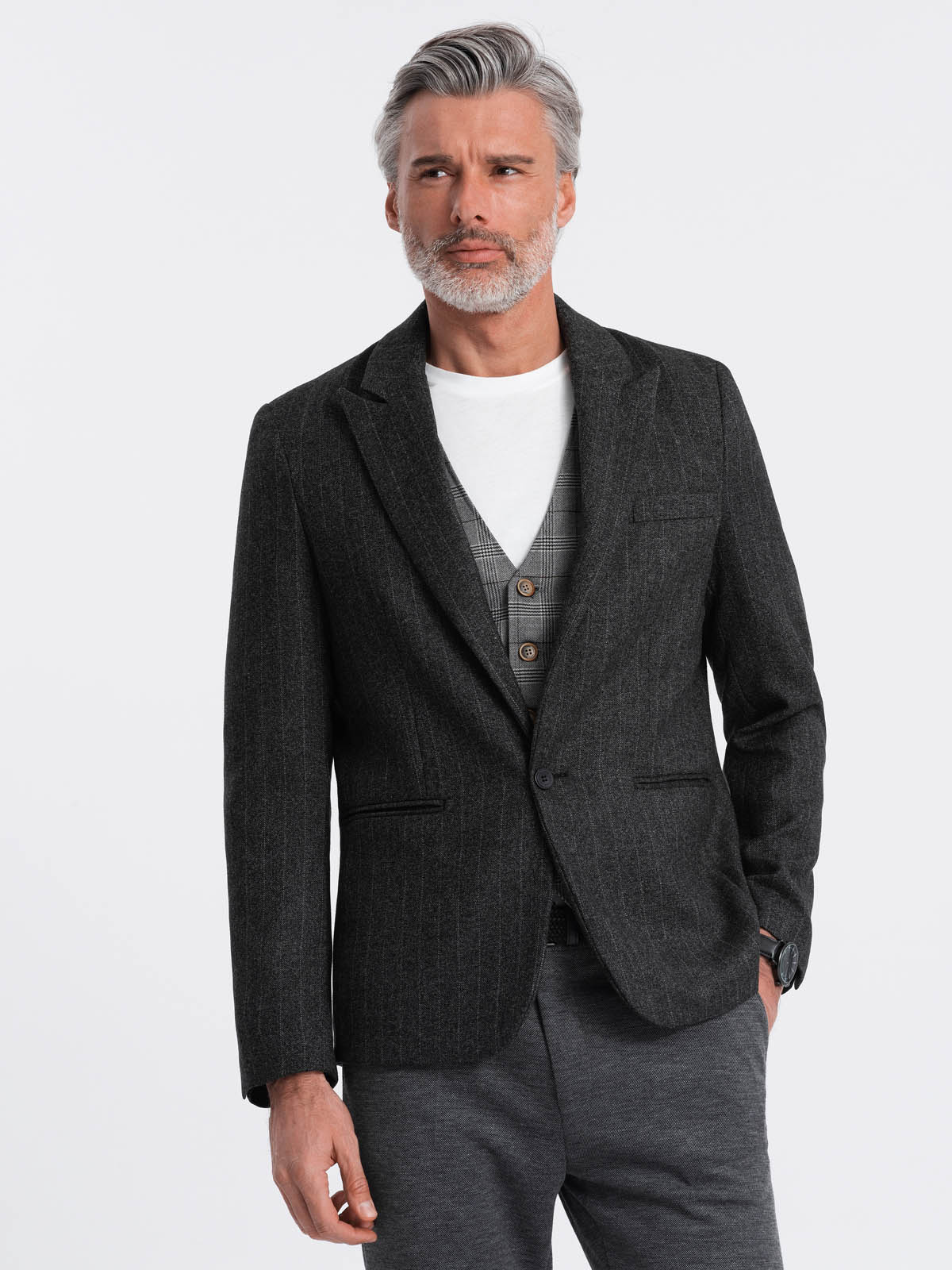 Ombre Stylish men&#039;s jacquard blazer with delicate stripes - graphite