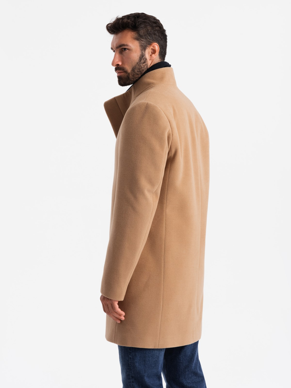 Ombre Men's coat with asymmetrical fastening and high collar - light brown