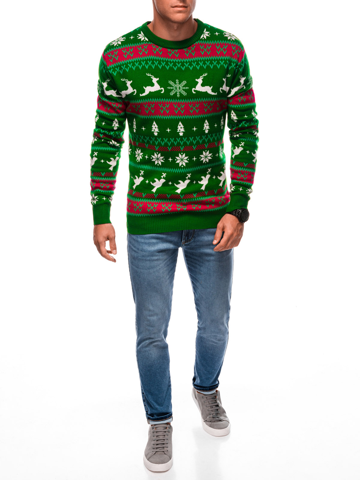 Edoti Men&#039;s Norwegian winter sweater with reindeer - green