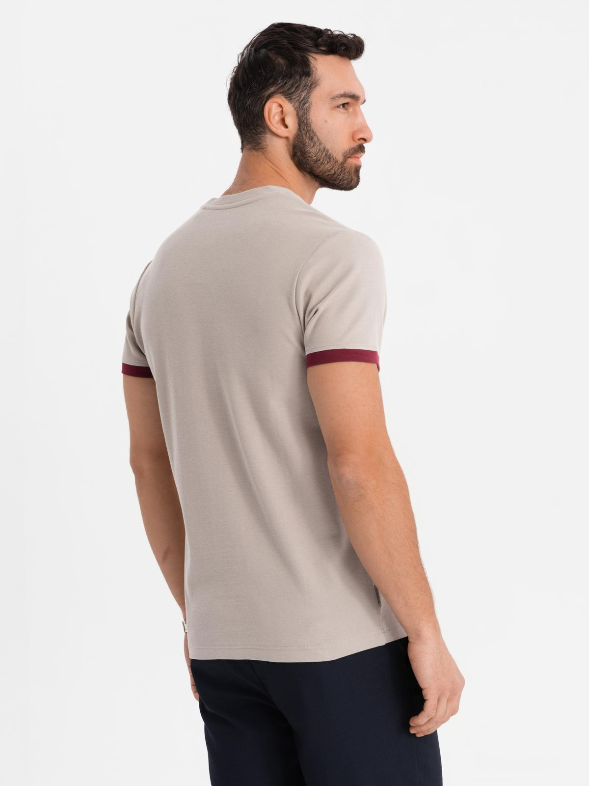 Ombre Men's T-shirt with contrasting inserts and v-neck - beige