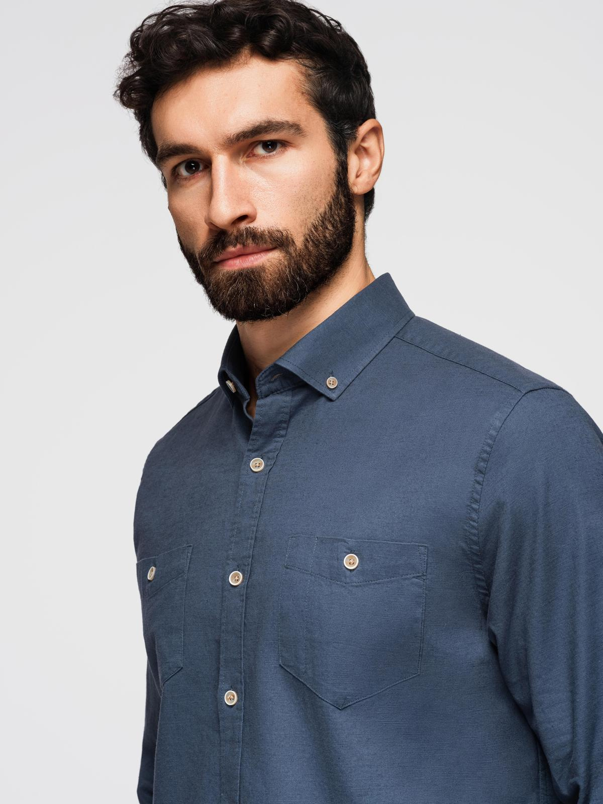 Ombre Men's linen shirt with classic collar and pockets REGULAR FIT - blue