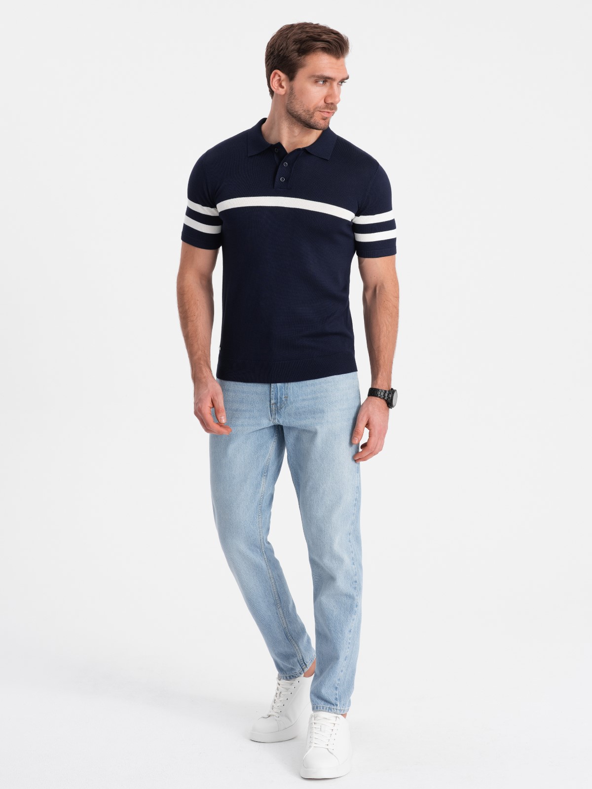 Levně Ombre Men's soft knit polo shirt with contrasting stripes - navy blue