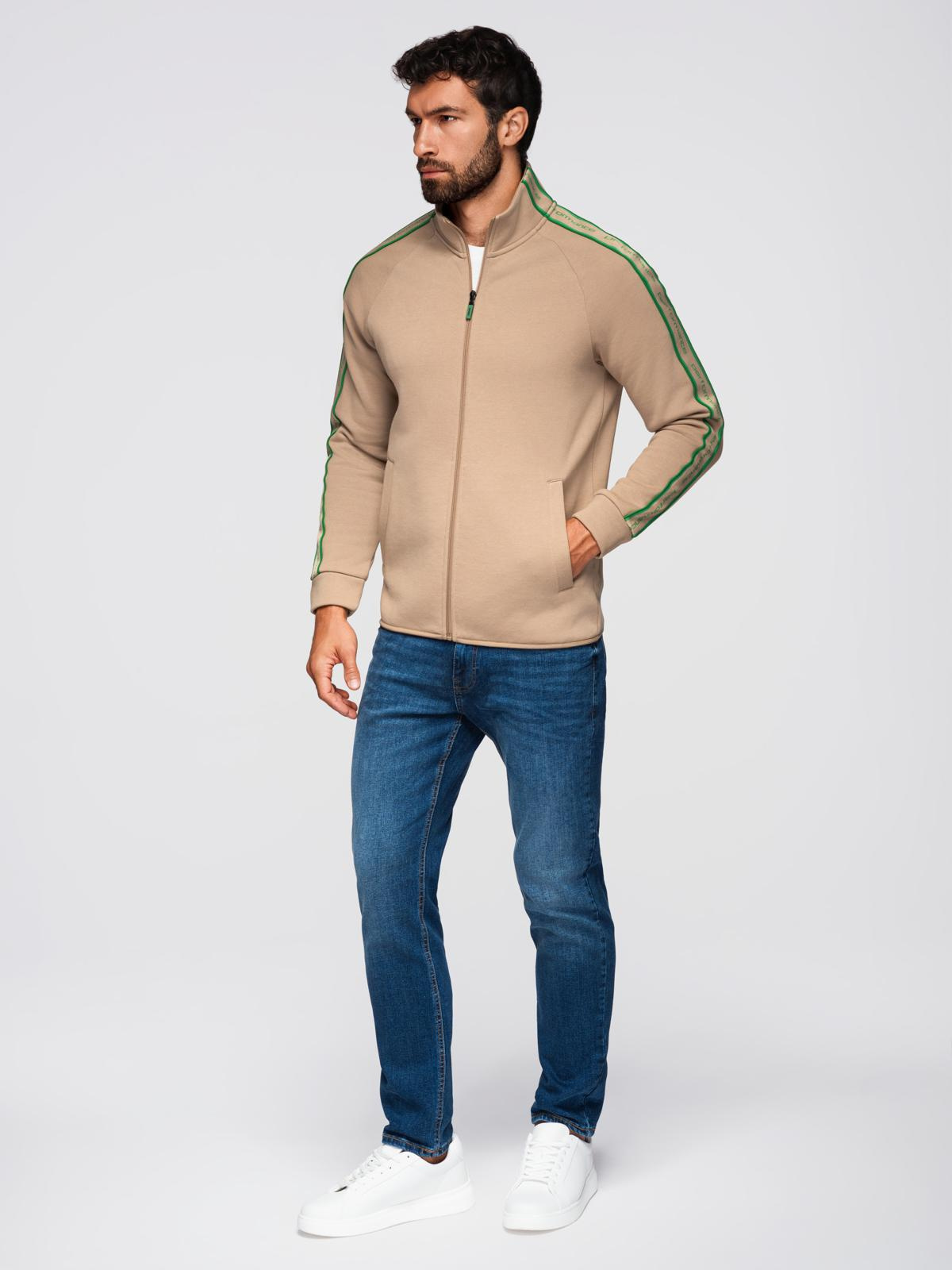 Ombre Men's unbuttoned sweatshirt with piping and high collar - brown