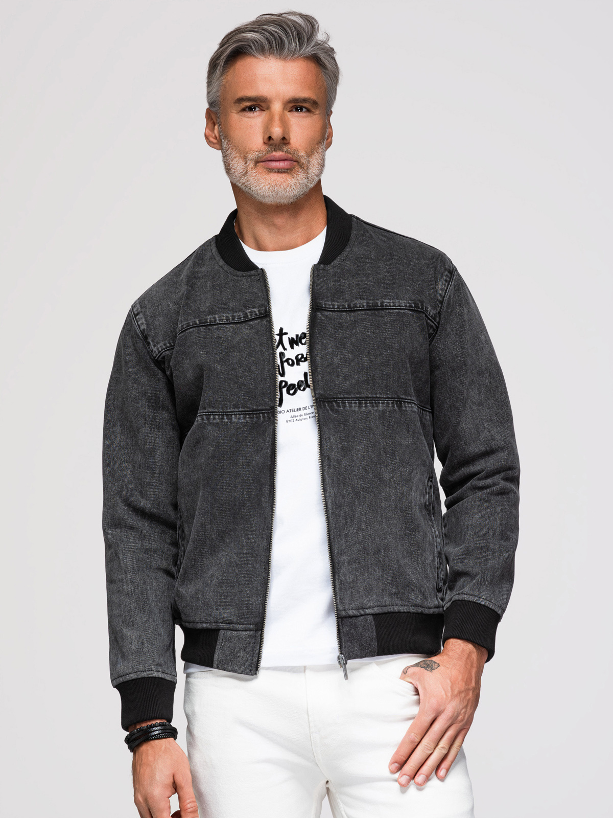 Ombre Men's denim bomber jacket with stone wash effect - black