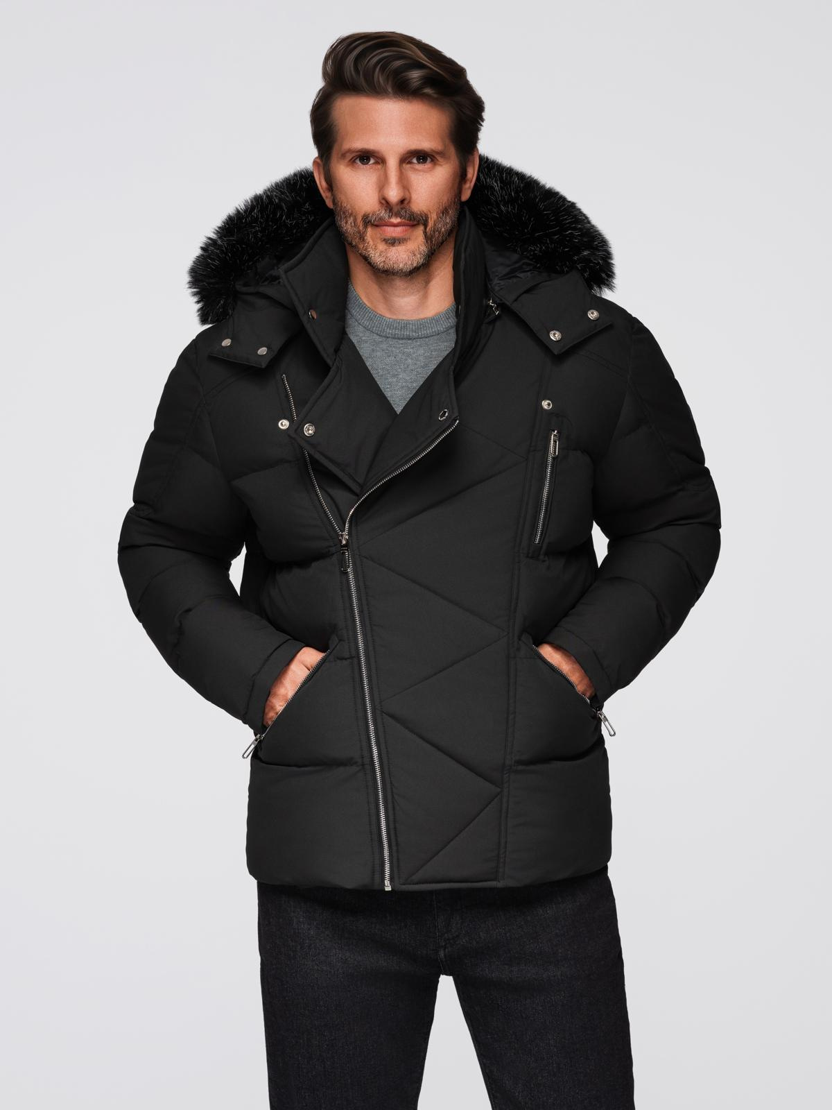 Ombre Men&#039;s quilted jacket with cut of ramoneski with hood - black