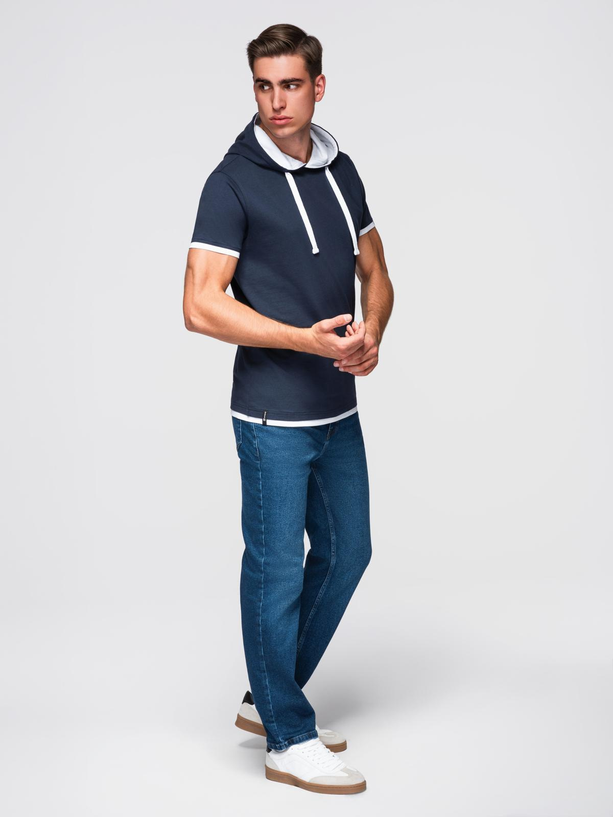 Ombre Men's cotton t-shirt with hood - navy blue